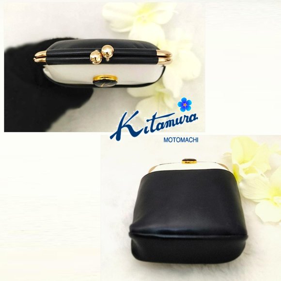 KITAMURA Japan Mini Wallet Bag GenuineLeather Pearlized Ivory Blue Gold Kisslock - Picture 6 of 11